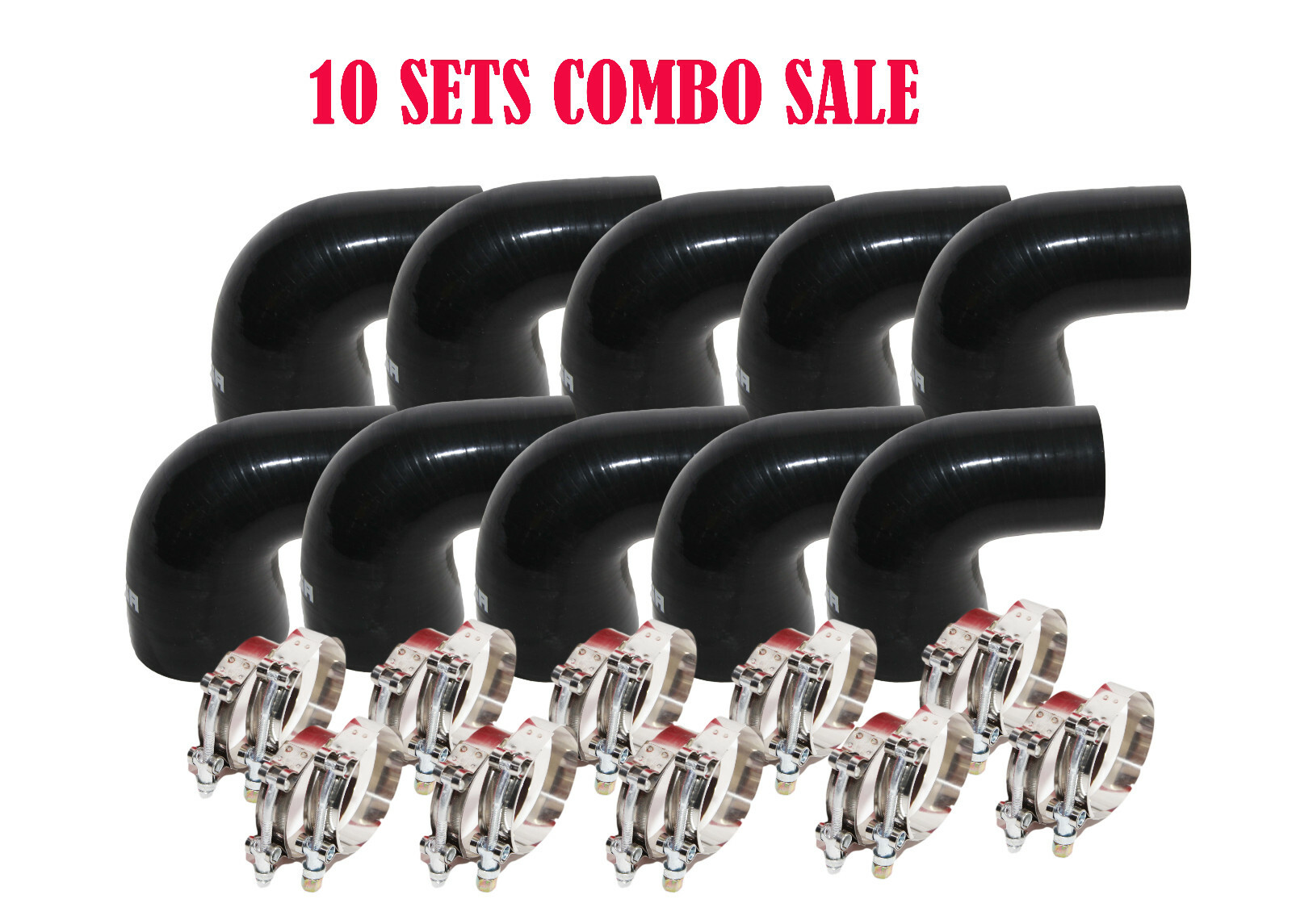 10SET Universal BLACK 4PLY 1x90 Degree 3"-2"ID Silicone+2xStainles Steel T-clamp