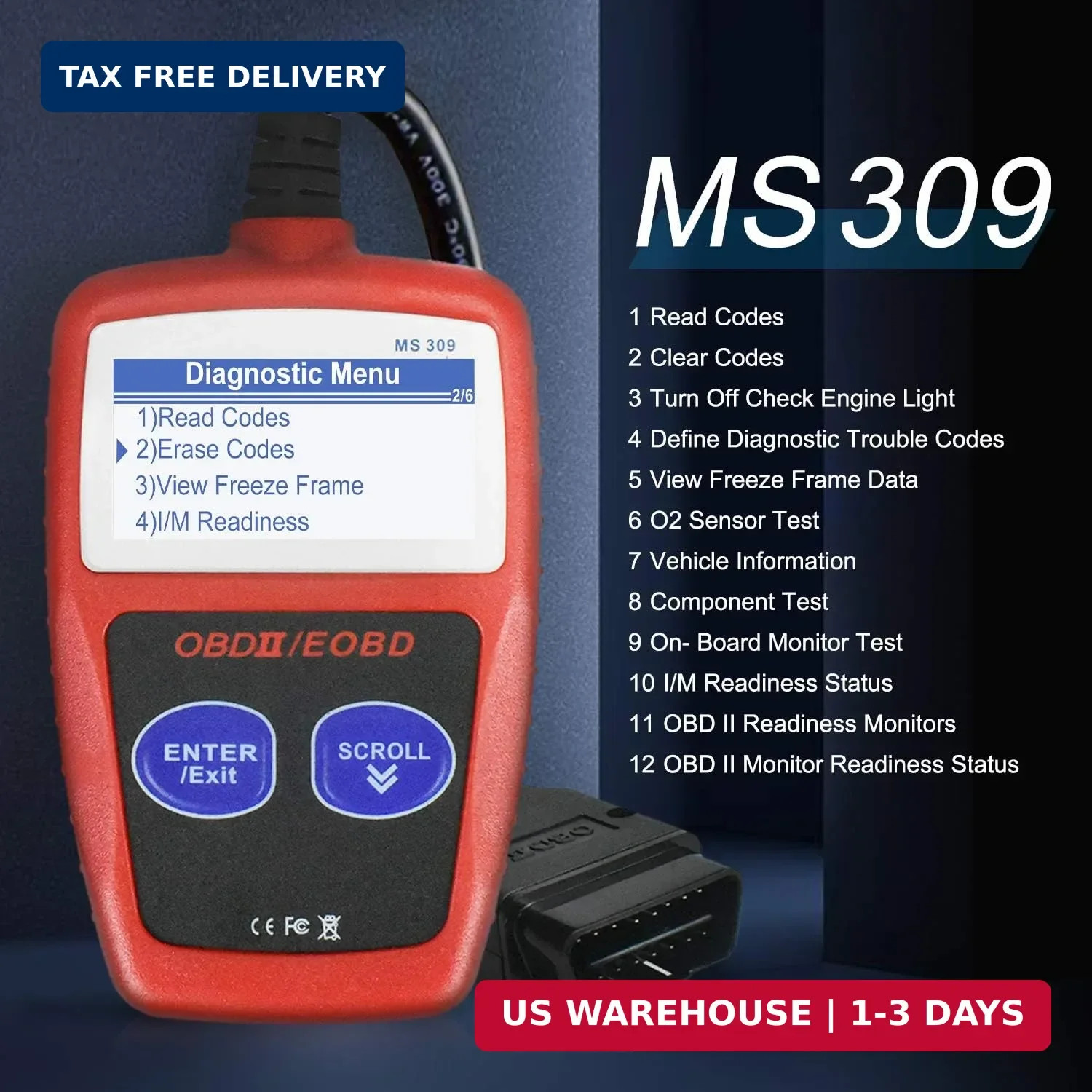MS309 OBD2 Scanner Check Car Engine Light Fault Code Reader, Universal OBDII Dia