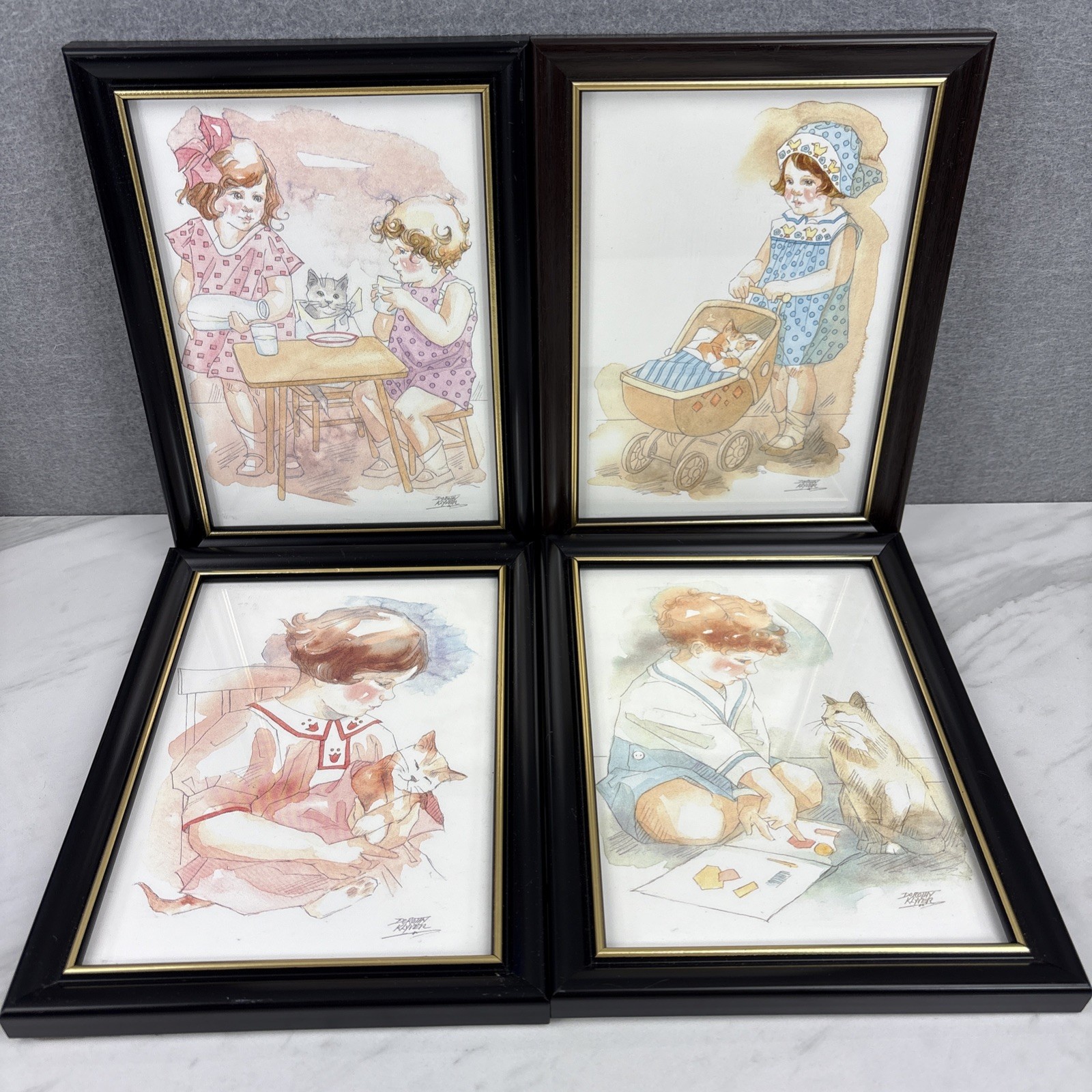 Set of 4 Vintage Framed Dorothy Klyver Kids and Cats Cards 8 x 6 Cute 1980's