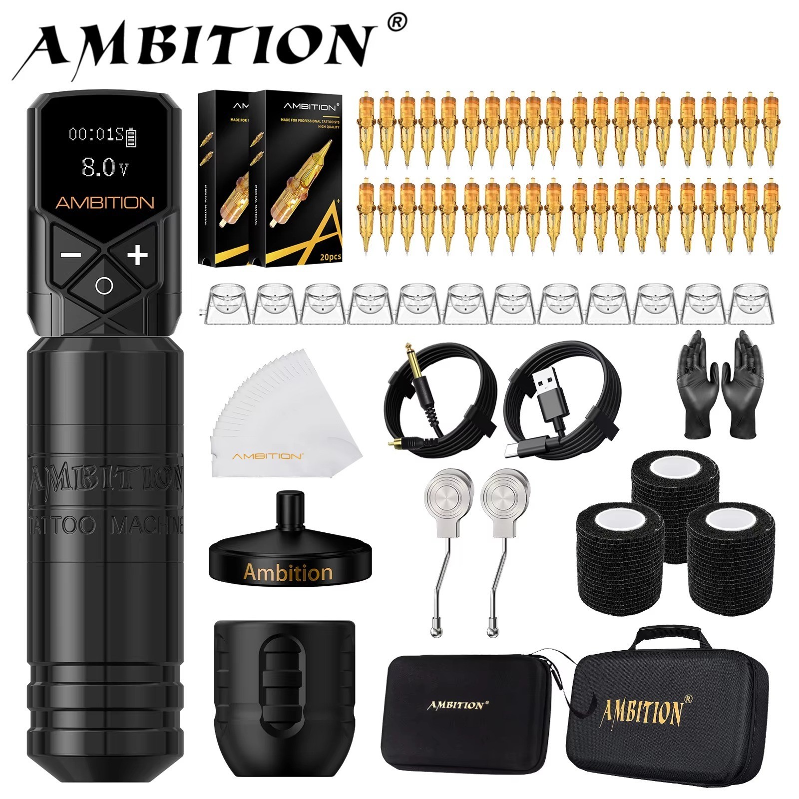 Ambition Torped 32mm Tattoo Machine Set 4.0-4.5-5.0mm Stroke Brushless Motor Kit