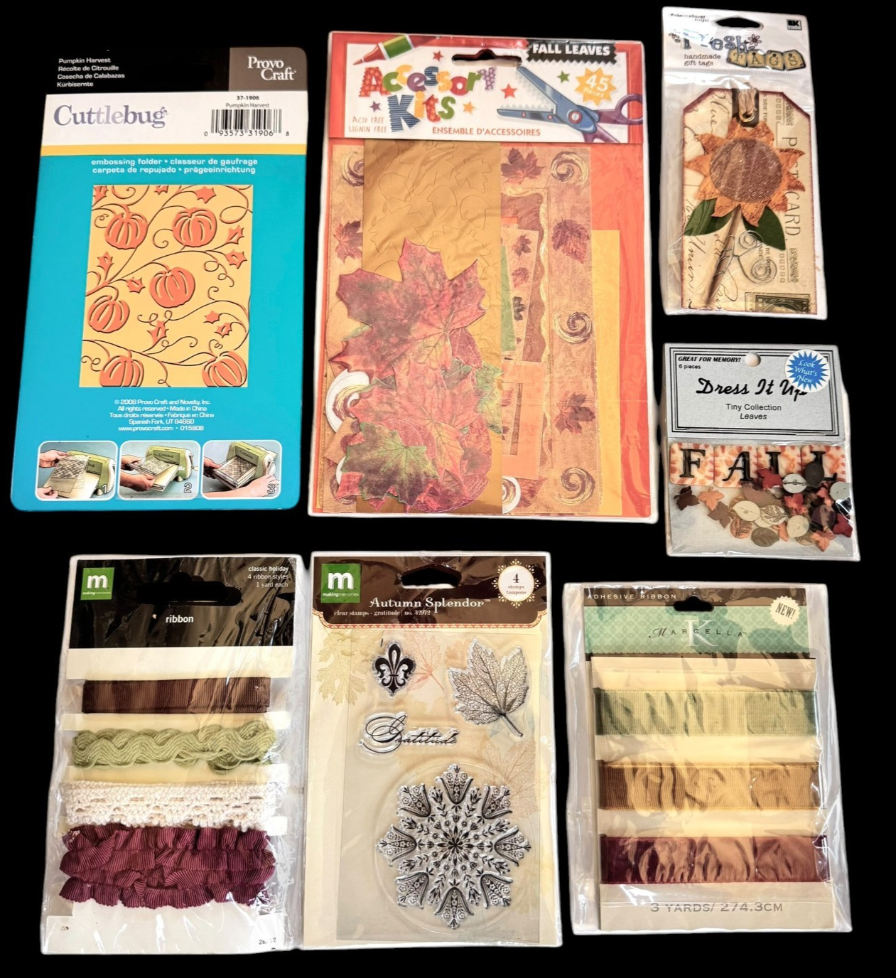 Lot Autumn Fall Crafting Stamps Embossing Folder Die Cuts Ribbon Embellishments