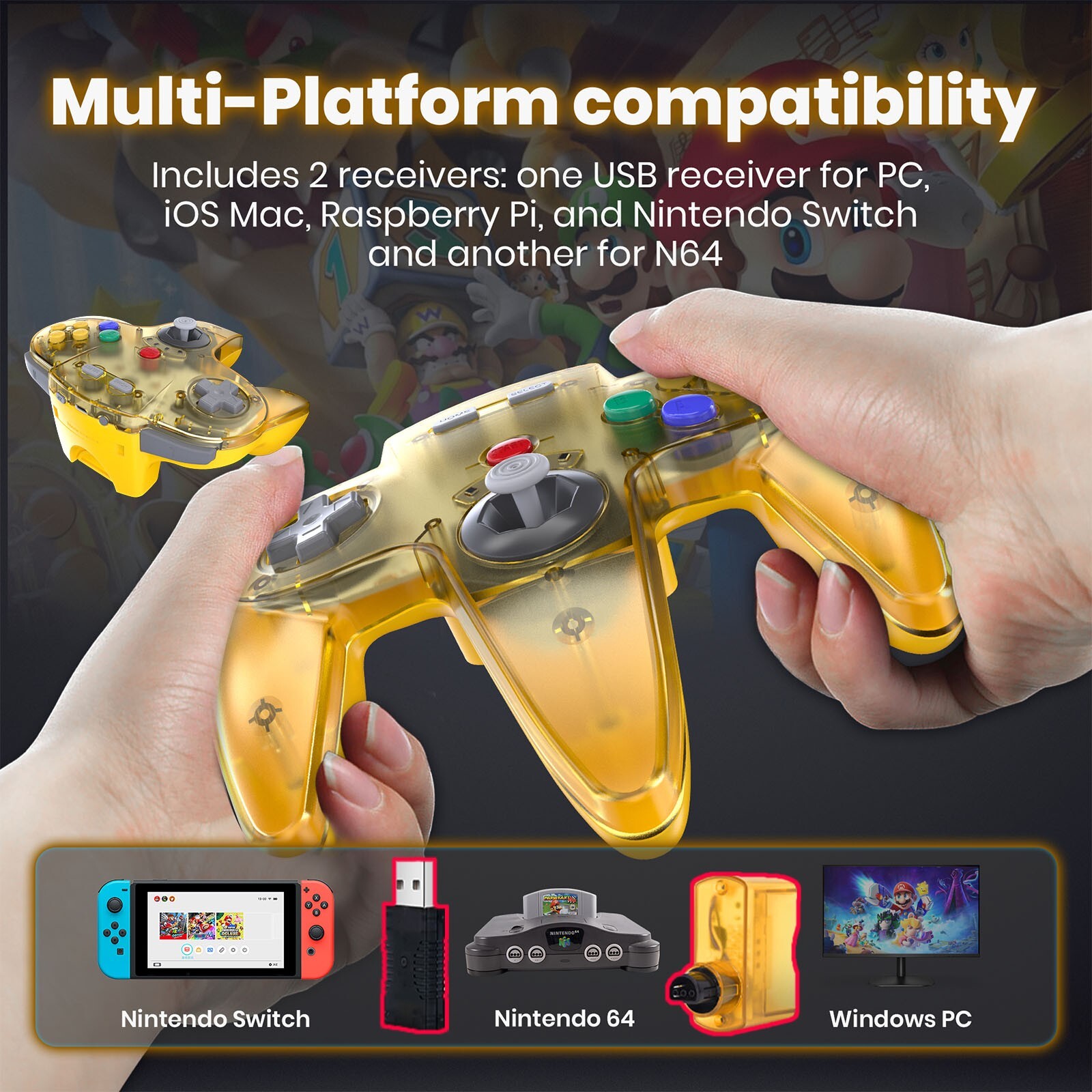 Wireless N64 Controller Gamepad & Adapter with Rumble Pak for Nintendo 64 System