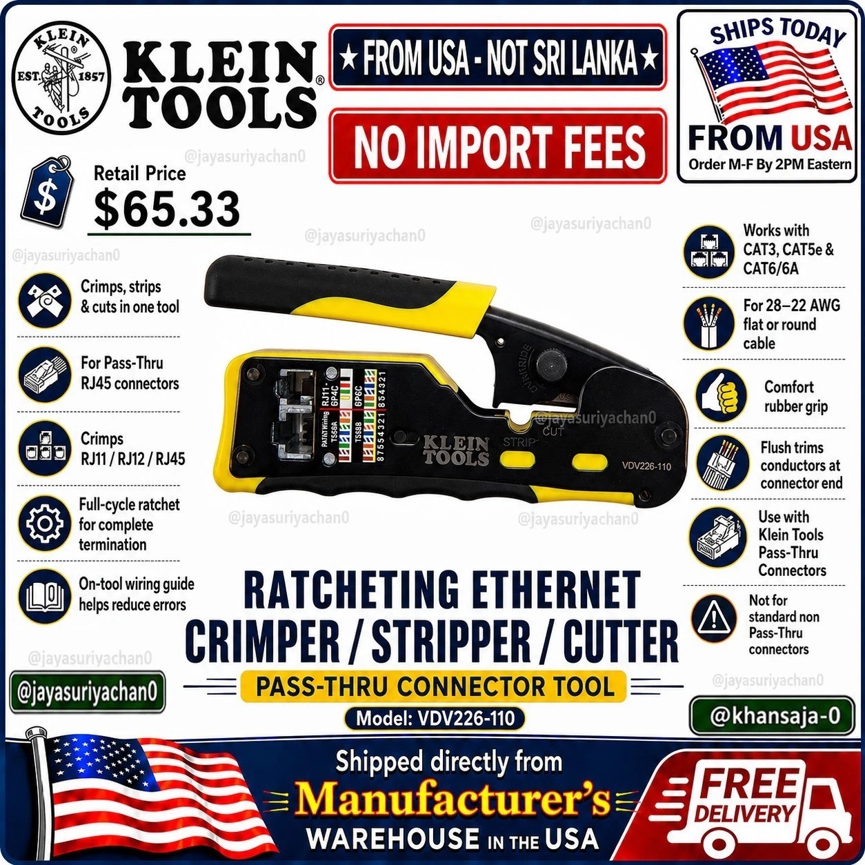 Klein Tools VDV226-110 Ratcheting Ethernet Crimper Cutter Pass-Thru RJ45 NEW🔥