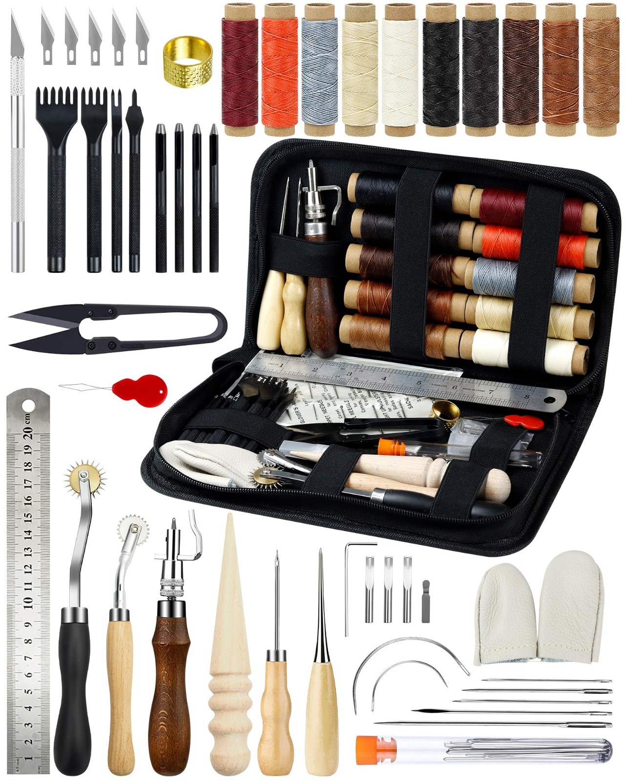 Leather Craft Kit for Beginners - Professional Tools, Waxed Thread, Groover, Awl