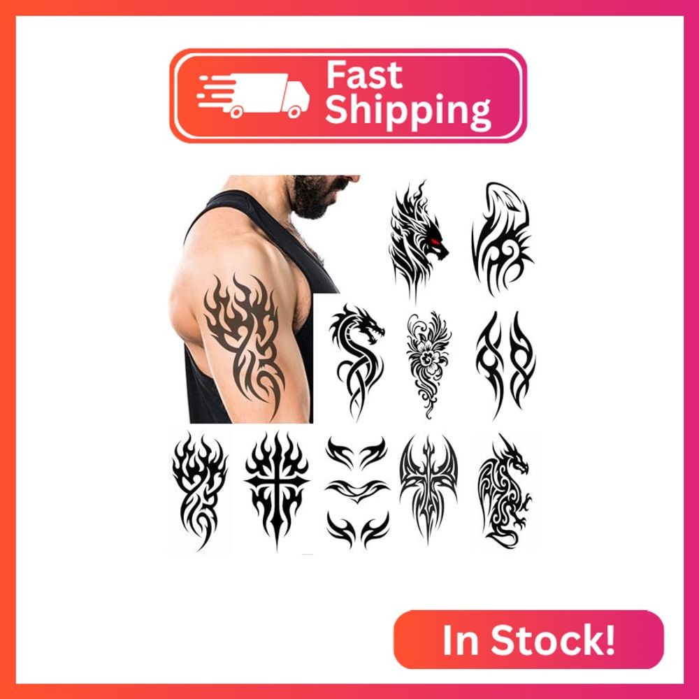 Large Tribal Temporary Tattoos for Men & Women – 10 Sheets 7.4"x4.7" Black Totem