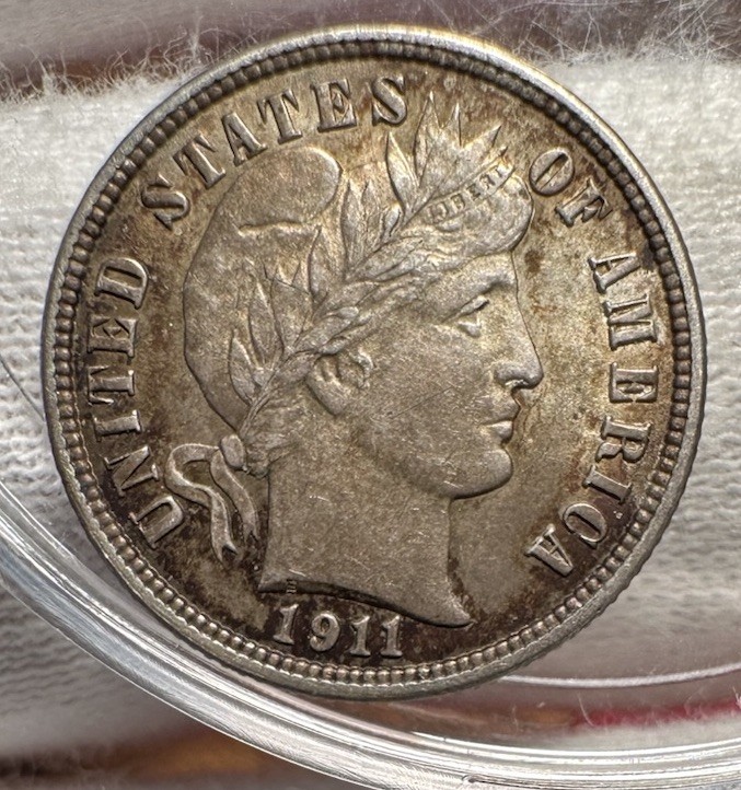 1911 Barber Dime Toned AU About uncirculated