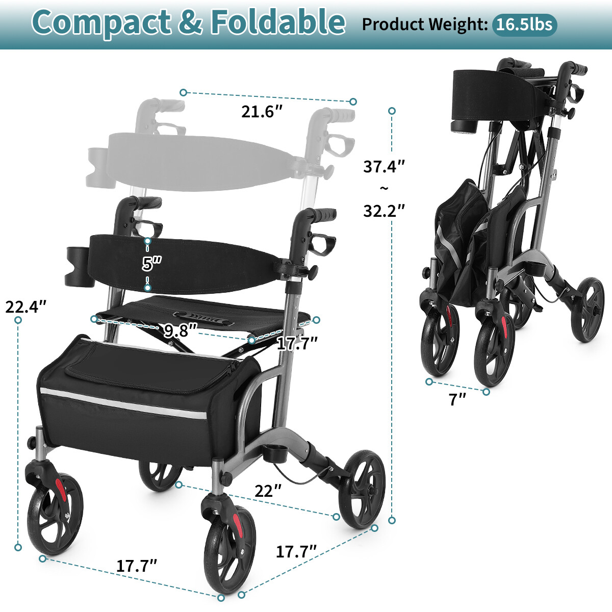 Foldable Rollator Walker with Seat for Seniors, 4x Wheels, Foldable,Adjustable