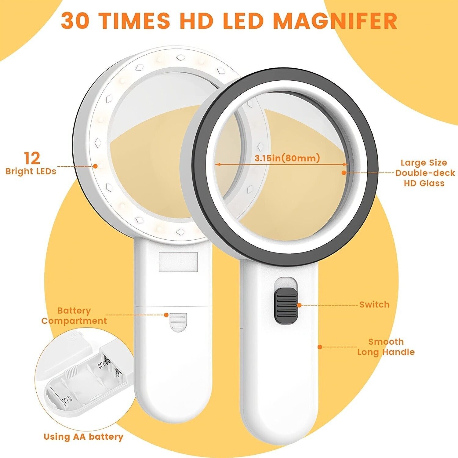 Jumbo Handheld Magnifying Glass w/ 12 Bright LED Light Illuminated 30X Magnifier