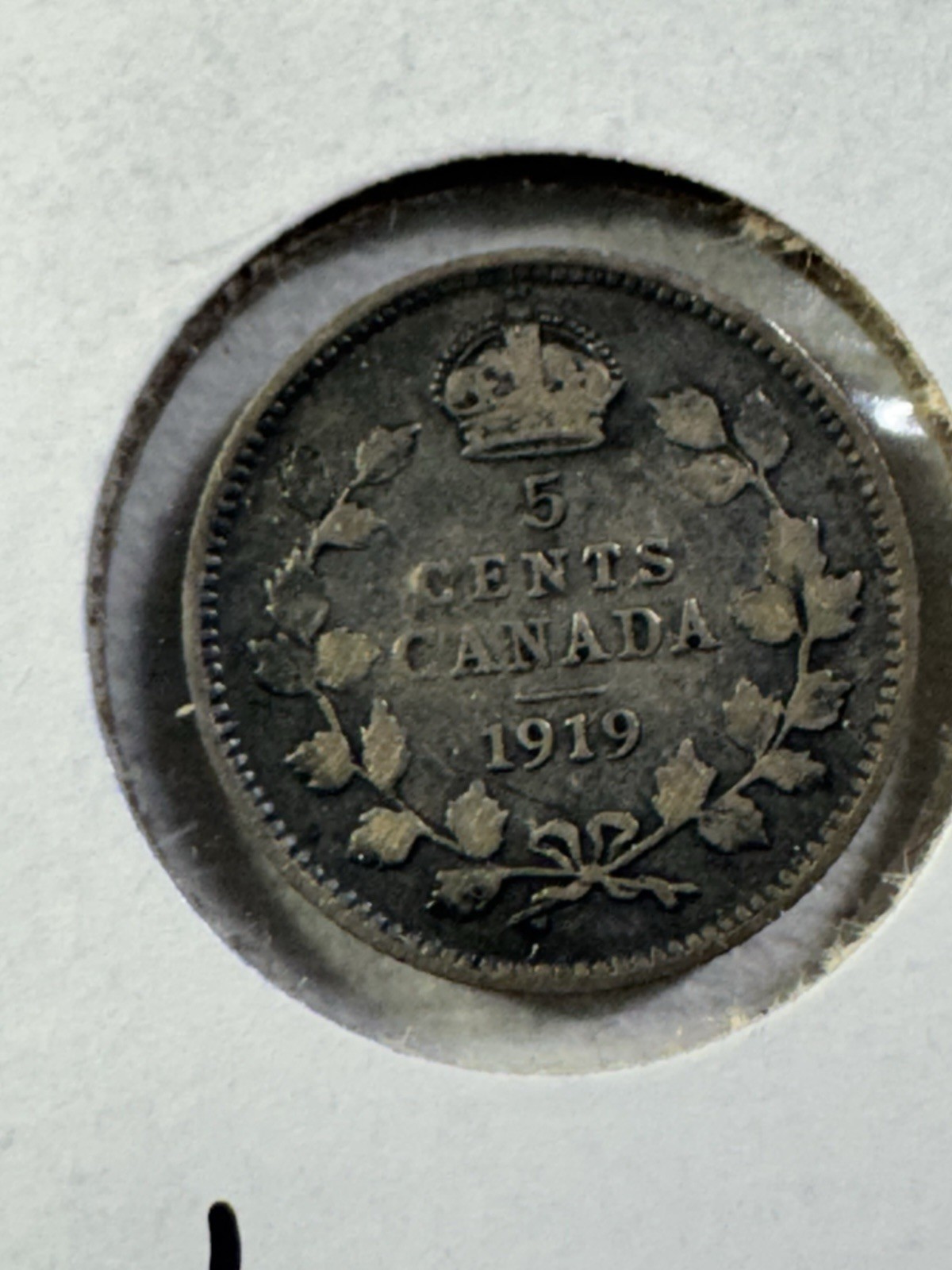 1919 Canada 5 Cents Silver Coin Cleaned