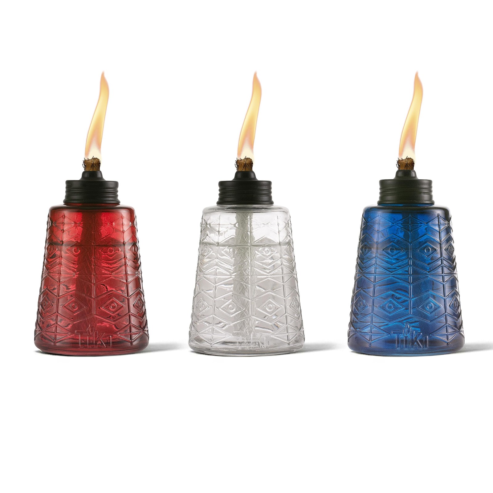 TIKI Molded Glass Decorative Tabletop Torches (Set of 6", Red, Green and Blue