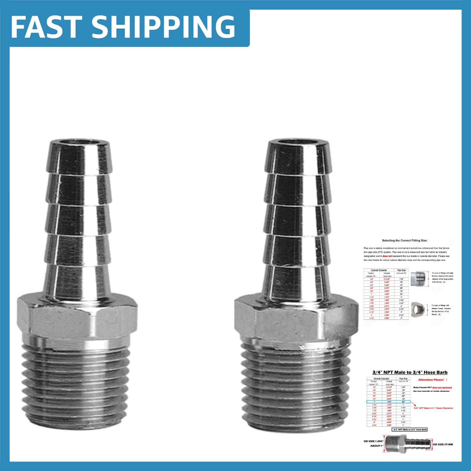 Pack of 2 Stainless Steel 3/4" Hose Barb to Male NPT Fittings for Home Brewing