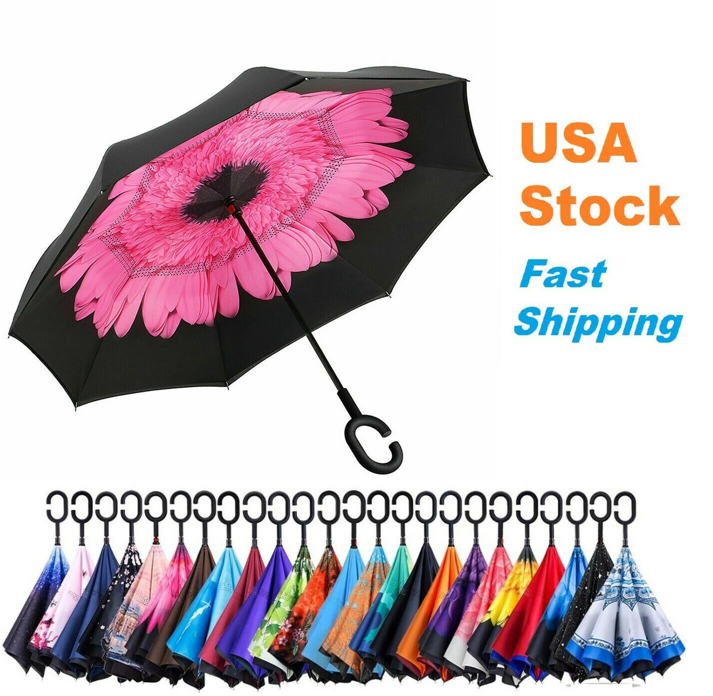 C-Handle Inverted Reverse Umbrella, Flower print (Inside-out, Upside-down)
