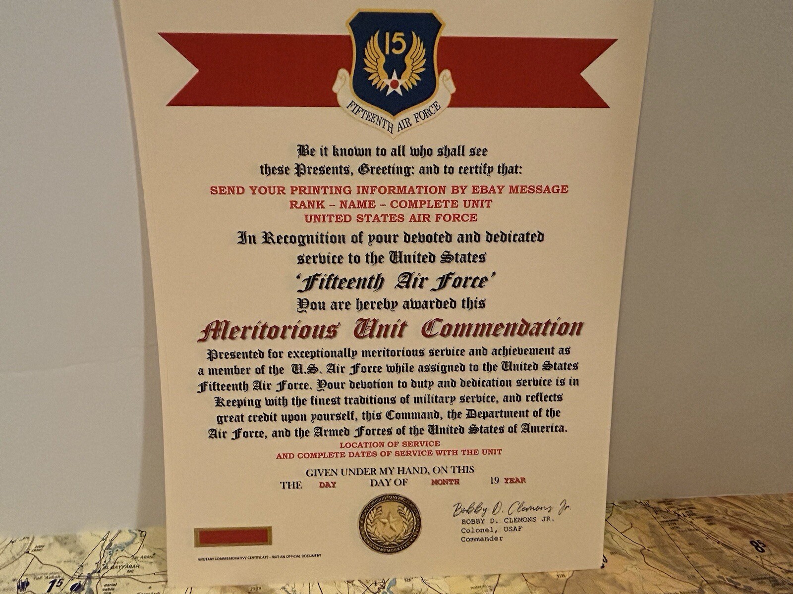 U.S. AIR FORCE / 15TH AIR FORCE - MERITORIOUS UNIT COMMENDATION CERTIFICATE
