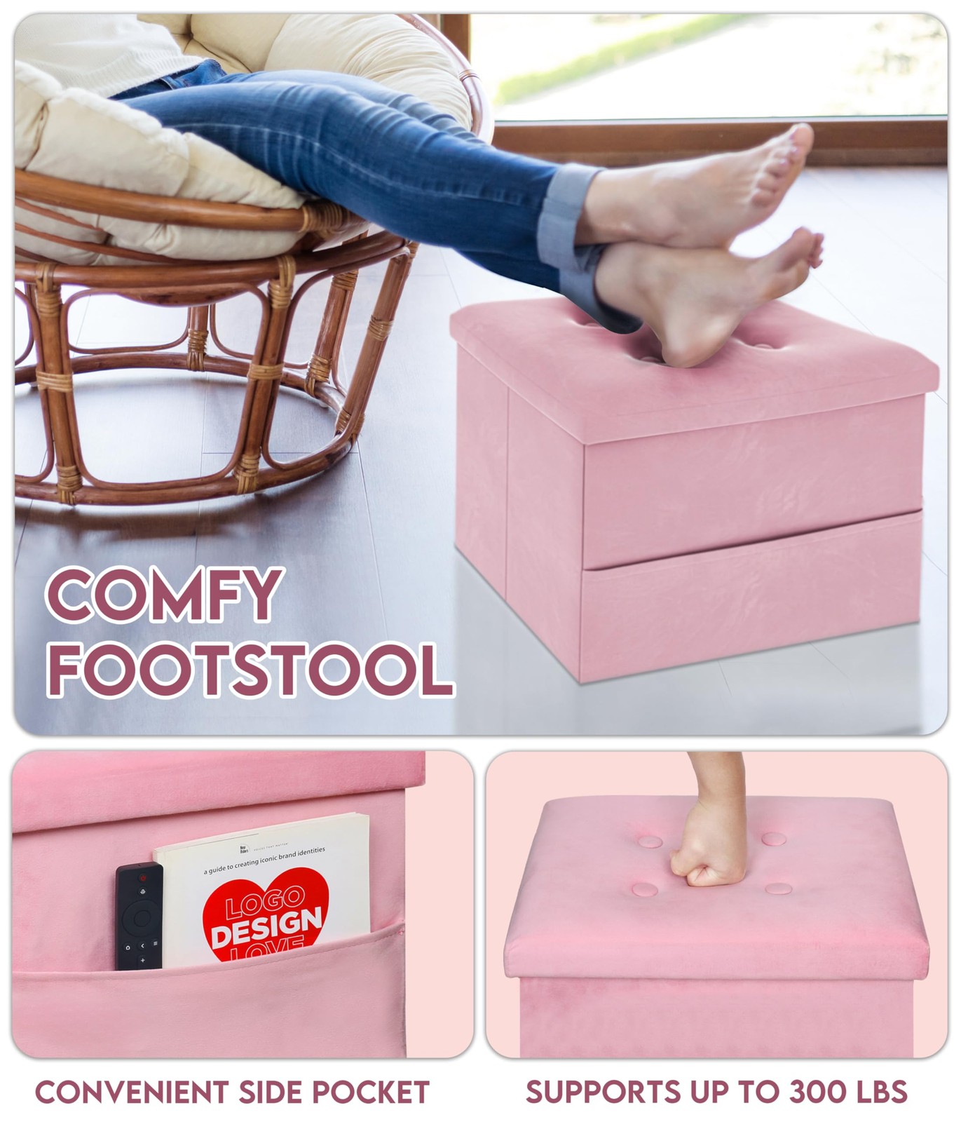 Small Storage Ottoman Foot Rest, Velvet Ottoman with Storage and Side Pocket,...