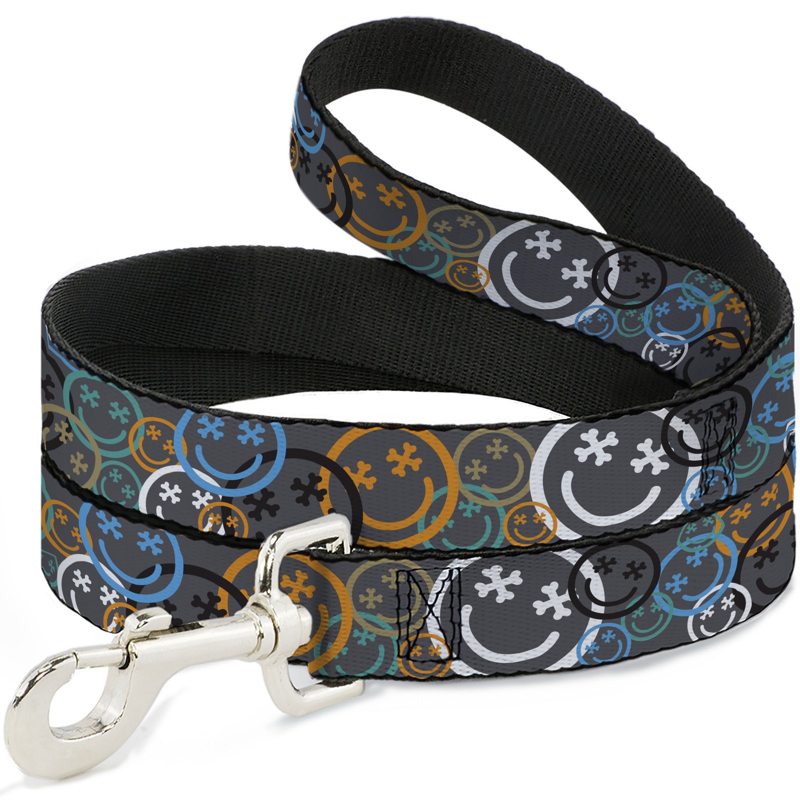 Dog Leash Smiley Face Crossbones Stacked Gray/Multi Color NARROW 0.5"