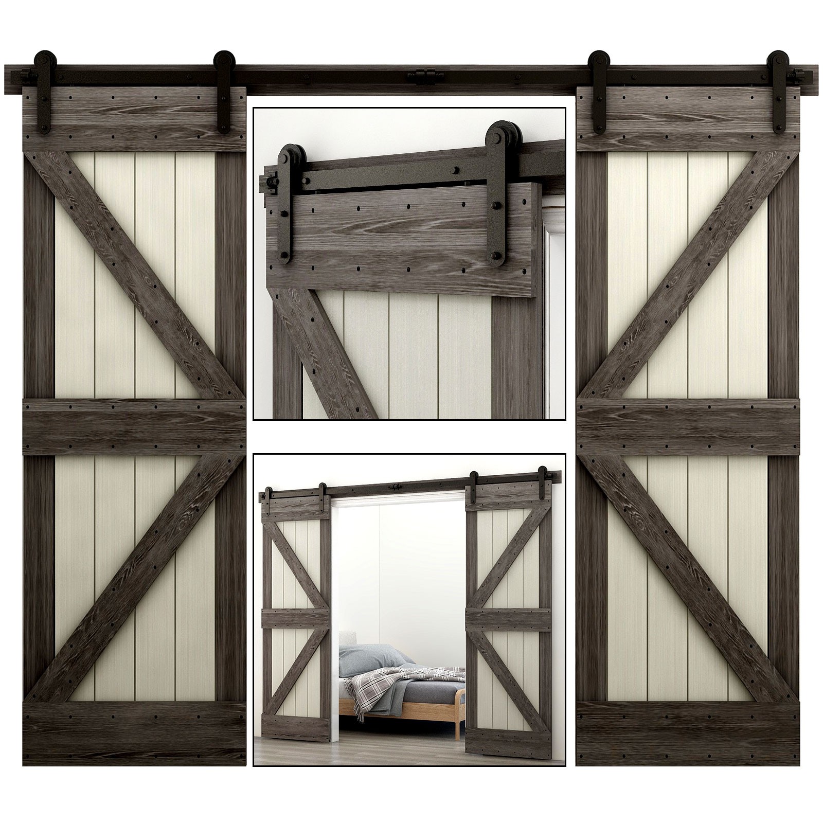 4-16FT Sliding Barn Door Hardware Kit Track Roller Kit Double Door (L Shape)