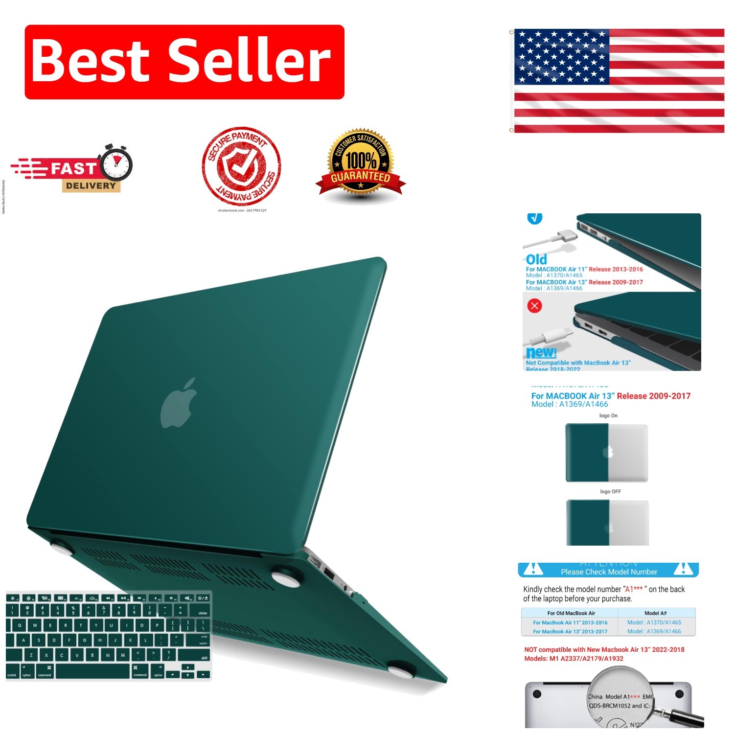 Quetzal Green Hard Shell Case with Keyboard Cover for MacBook Air A1466/A1369