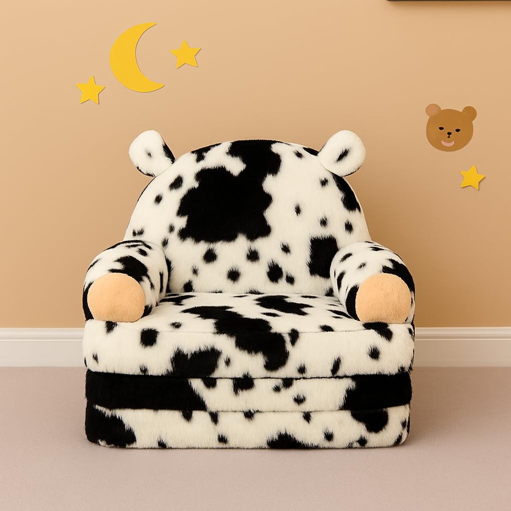 Toddler Chair with Faux Rabbit Fur – 2-in-1 Foldable Kids Couch, Soft Sofa fo...