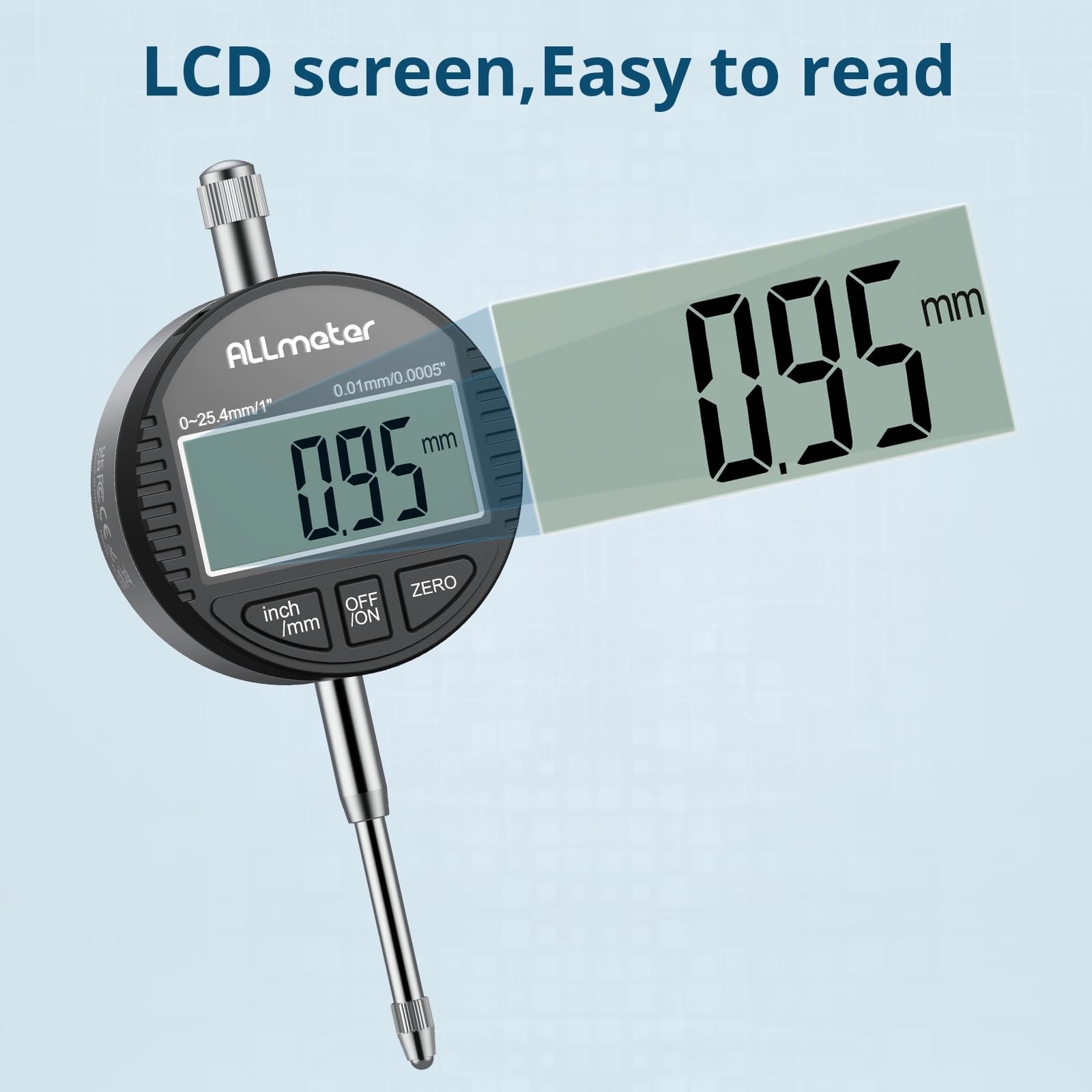 Digital Dial Indicator DTI,0-1in Range,0.0005in/0.01mm Resolution,LCD