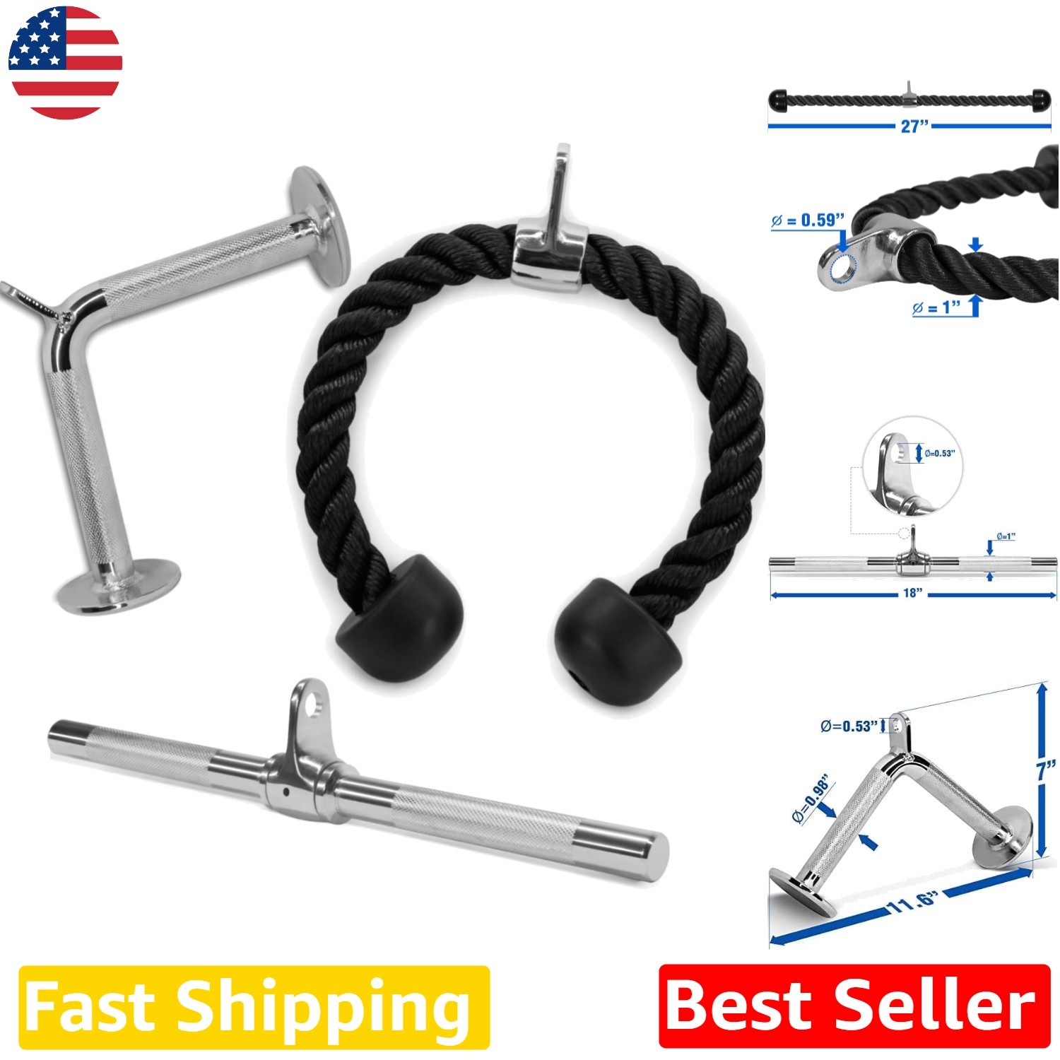 Elite Cable Machine Attachments: Tricep Rope, Straight Bar, V Bar, Steel