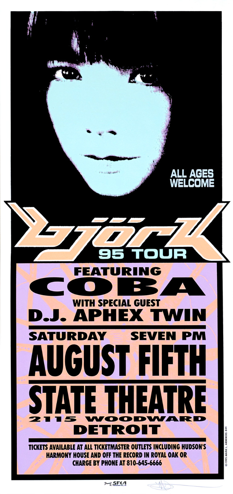 17x6 Bjork 95 Tour Poster ft Coba & D.J. Aphex Twin Detroit Illustration New