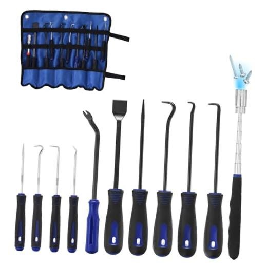 11Pcs Hook and Pick, Straight Head Magnetic Pickup Tool Large Small Hook Blue