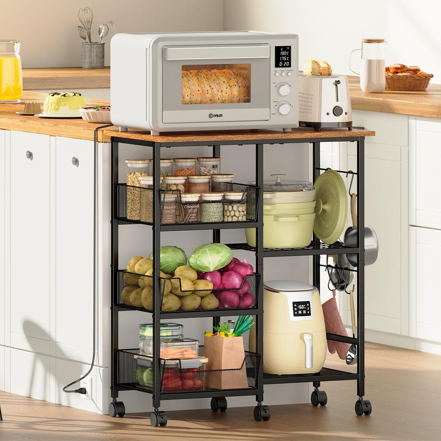 Rolling Kitchen Storage Microwave Cart, Kitchen Island with Adjustable Shelf on