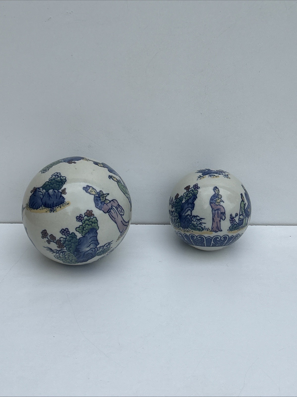 2 Vintage Japanese Satsuma Sphere Sculpture Porcelain Carpet Balls.