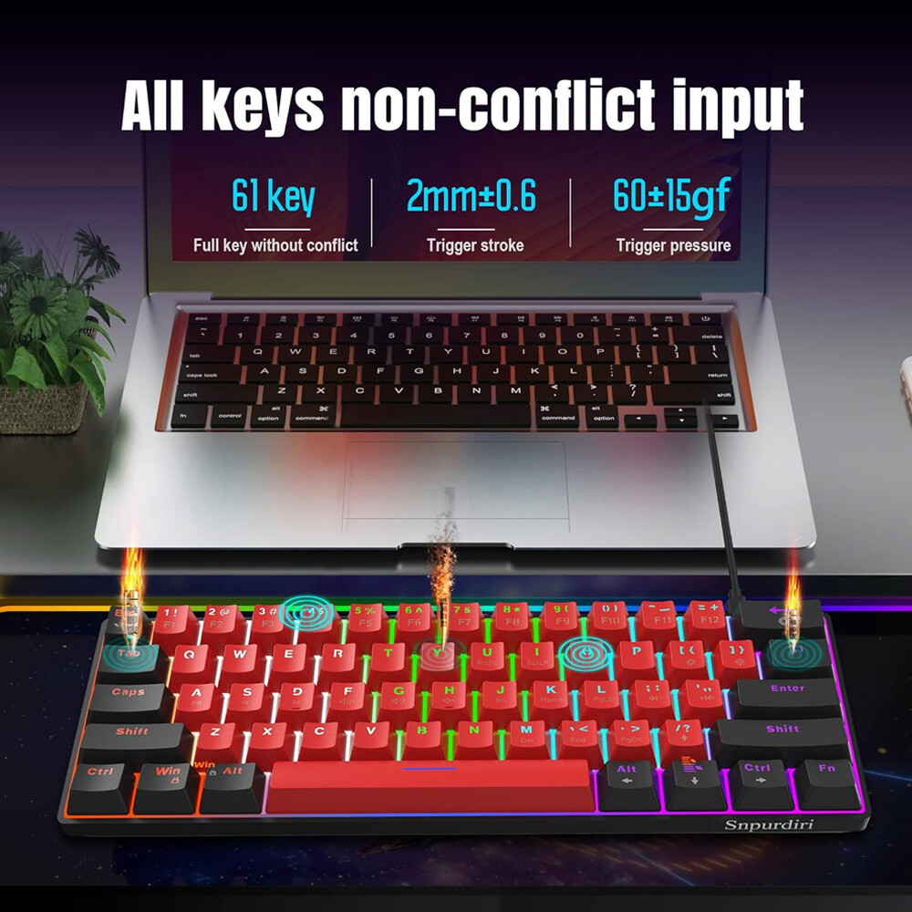 Snpurdiri 60% Wired Gaming Keyboard RGB Backlit Small Membrane 61 Keys for PC