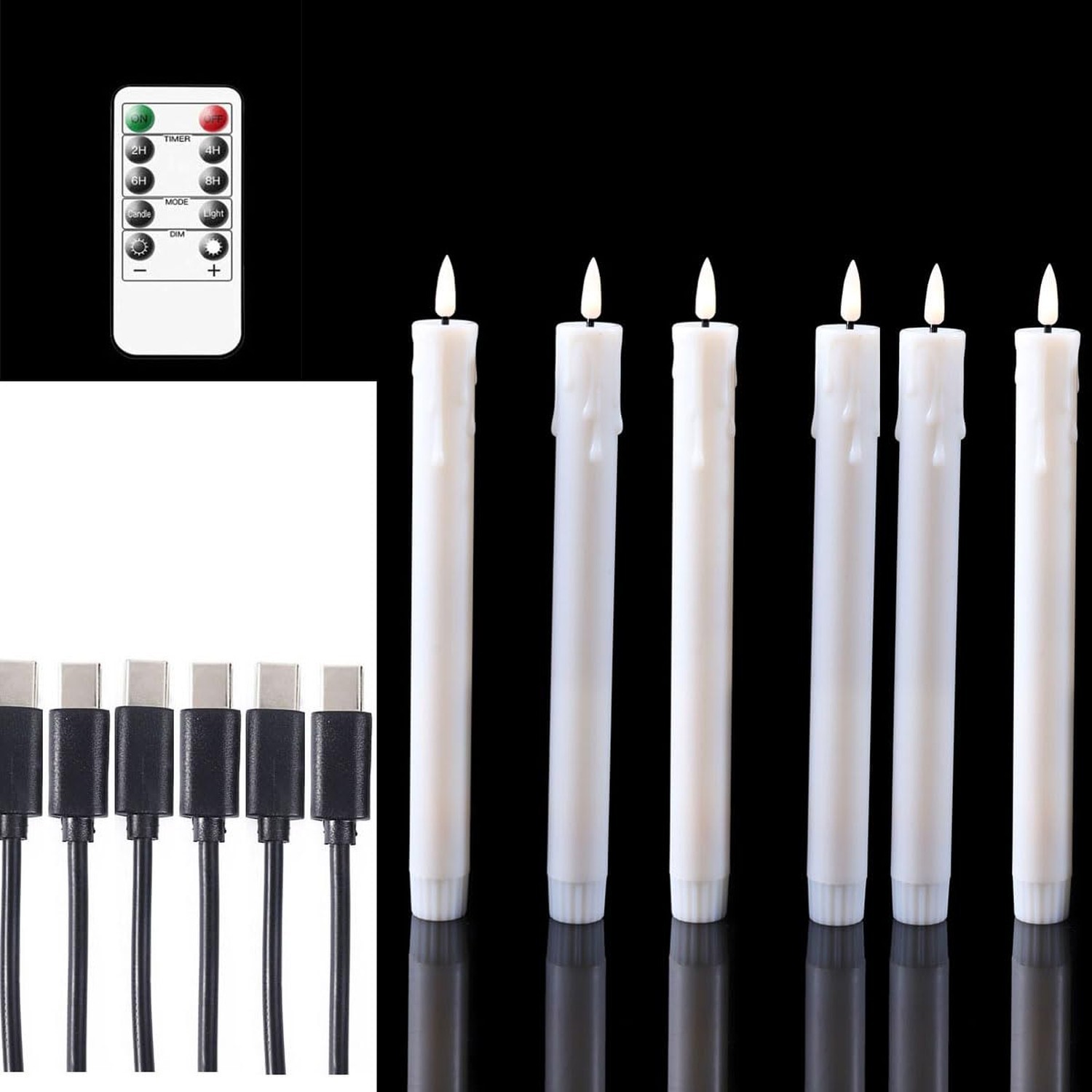 Pack of 6 Decorative Rechargeable White Taper Candles with USB Charge Warm Wh...
