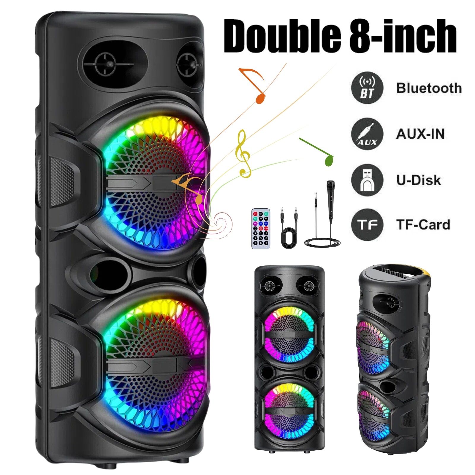 5000W Dual 8" Bluetooth Speaker Sub Woofer Heavy Bass Sound System Party W/Mic