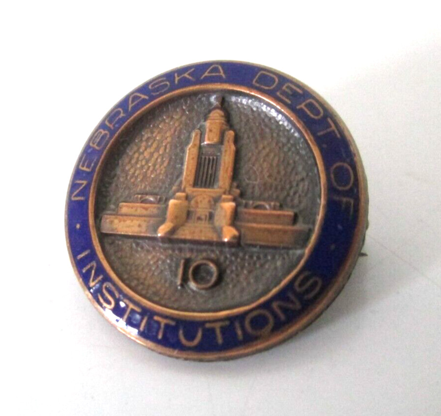 GoldTone & Blue Enamel 5/8" Nebraska Dept. of Institutions 10 Yr Pinback Vtg AZS