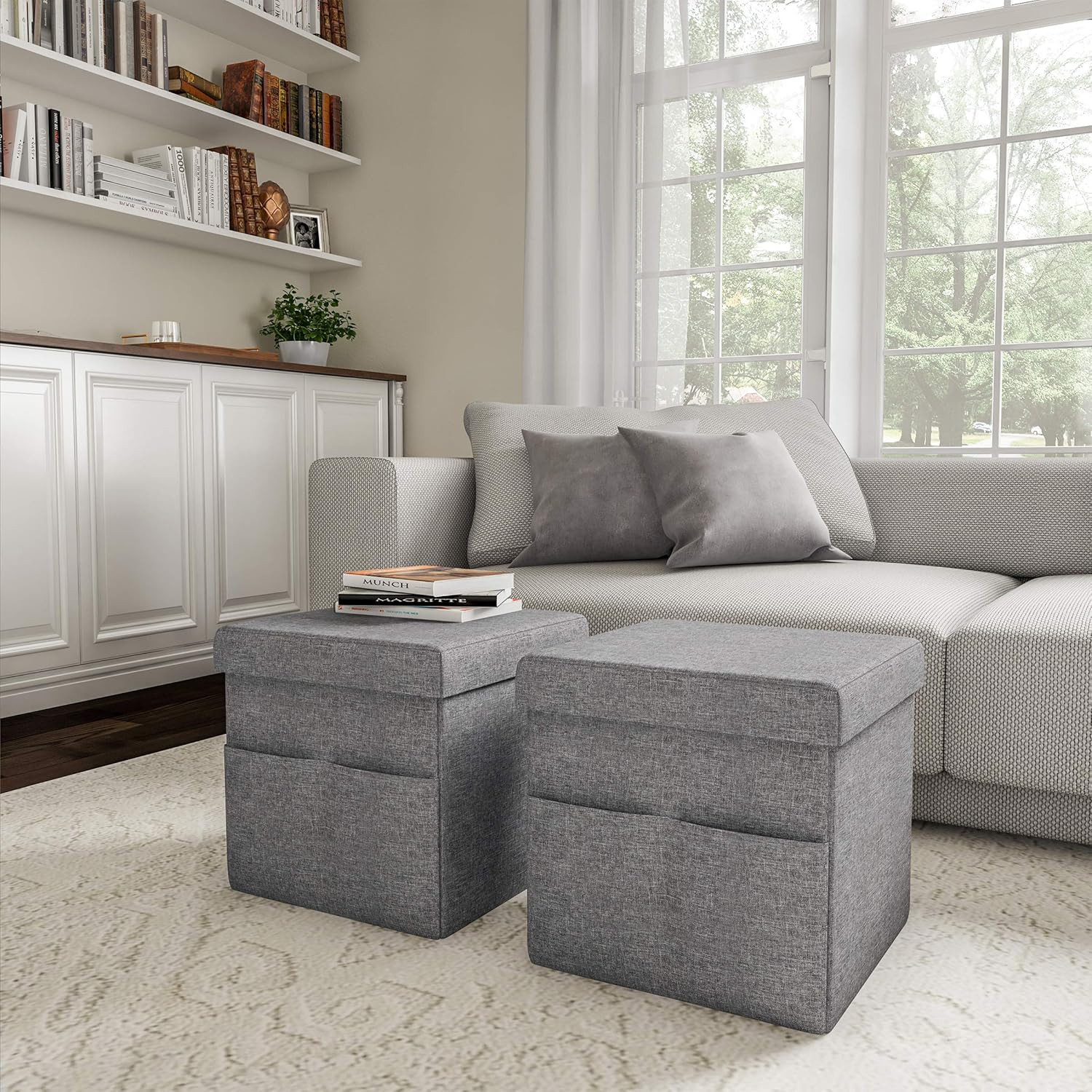Set of 2 Ottomans with Storage Pockets - 15-Inch Folding Foot Rests or Storage O