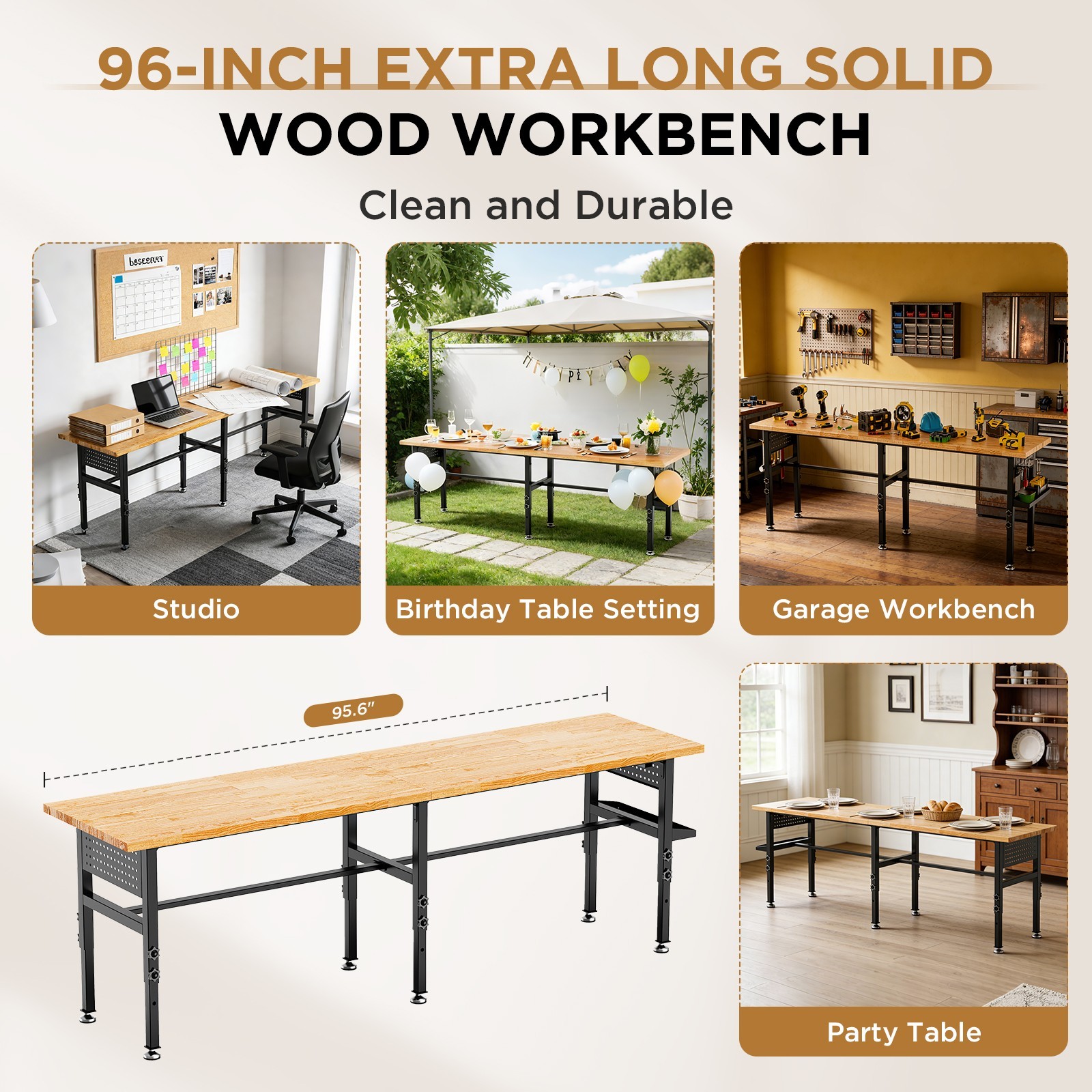 Adjustable 96" Workbench Solid Wood 2000lbs Power Outlet Pegboard Storage