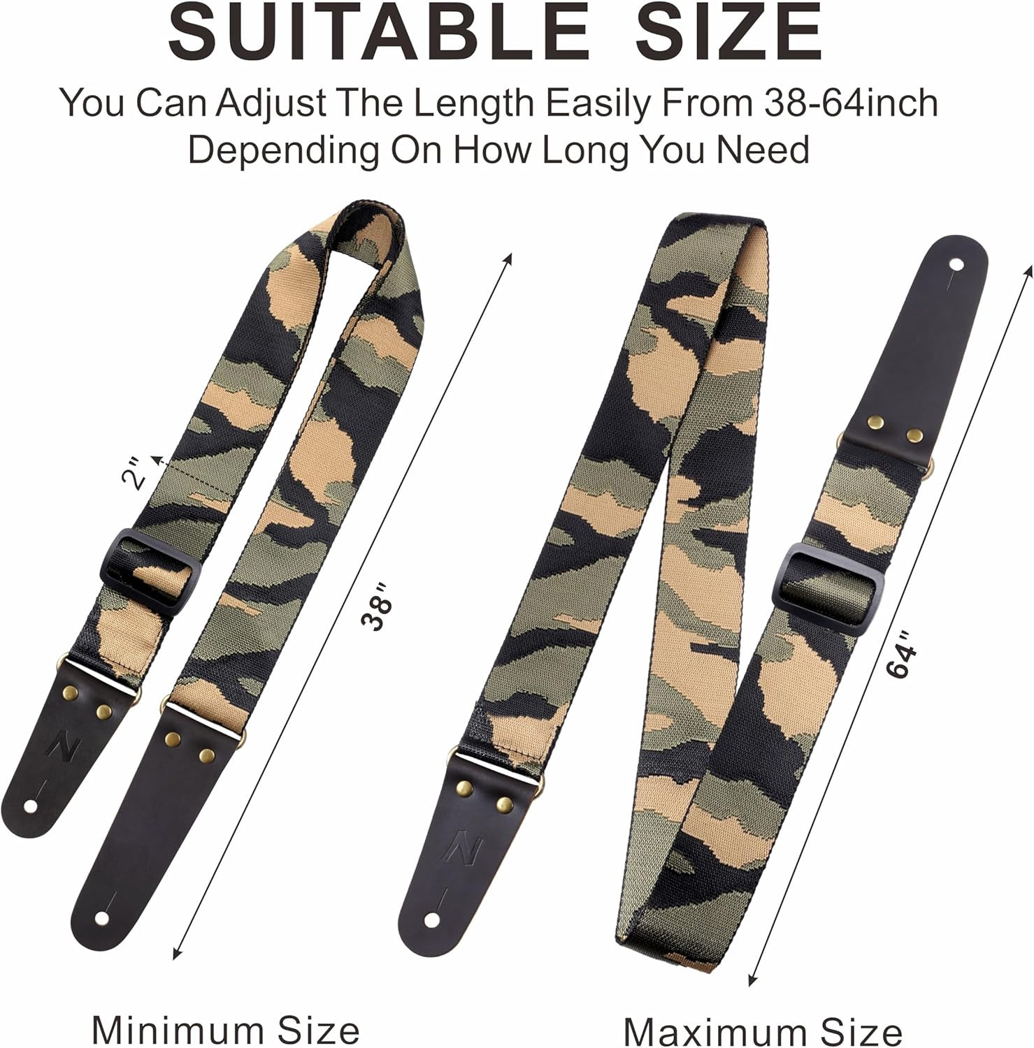 Guitar Strap Camo with Head Cowhide Leather Ends for Acoustic Guitar Electric Gu