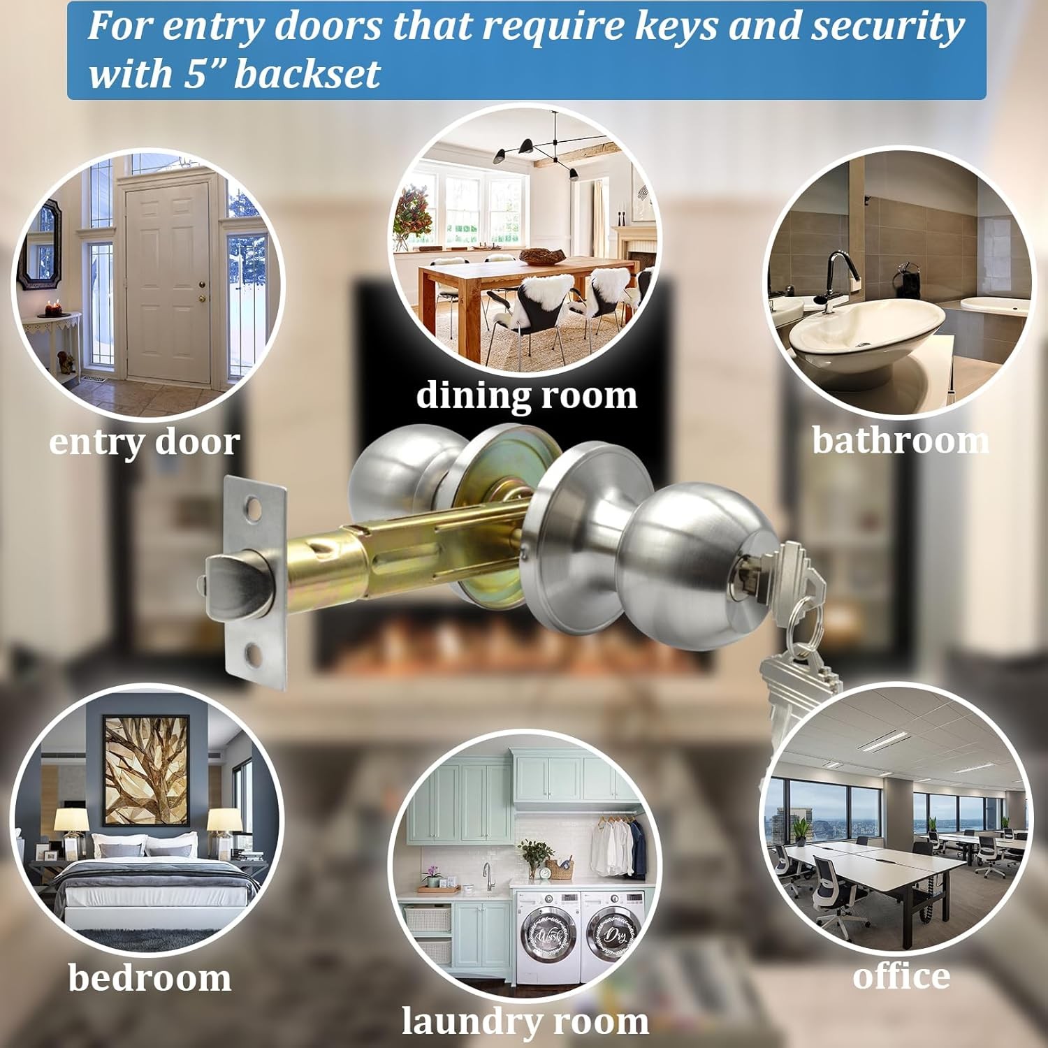 5" Backset Latch Keyed Entry Door Knob with Lock and Key, Standard Square Interf