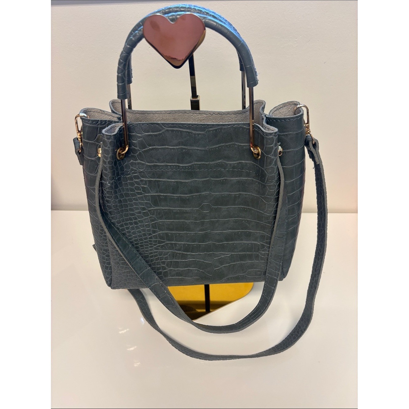 Slate Blue Croc Embossed Handbag Gold Hardware Crossbody Satchel