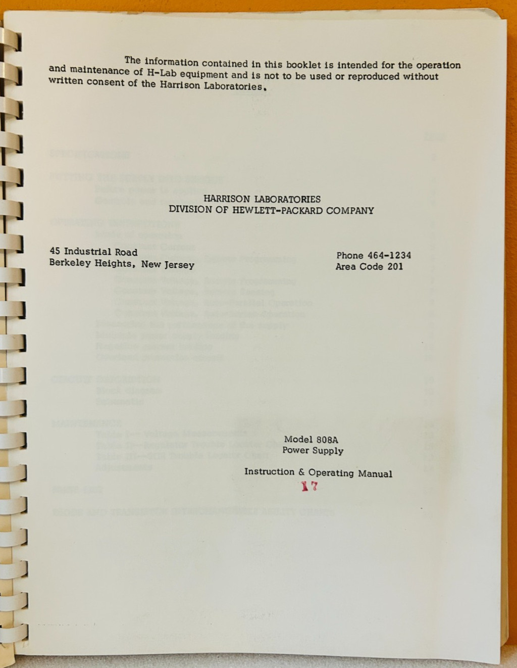 Harrison Labs HP Model 808A Power Supply Instruction & Operating Manual.