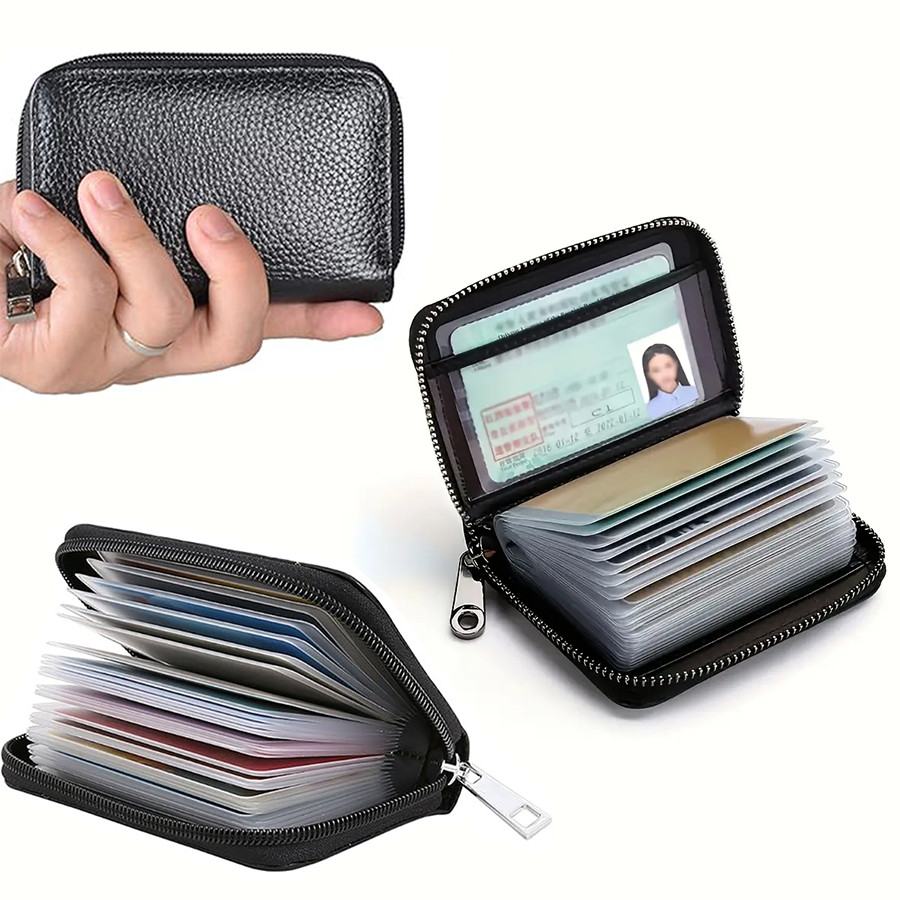 Compact Genuine Leather Zipper Wallet – RFID Blocking Secure Card Organizer