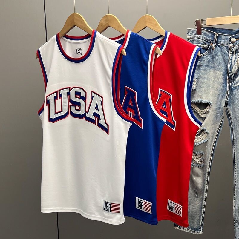 Summer Team USA practice basketball T-shirt jersey embroidered training vest