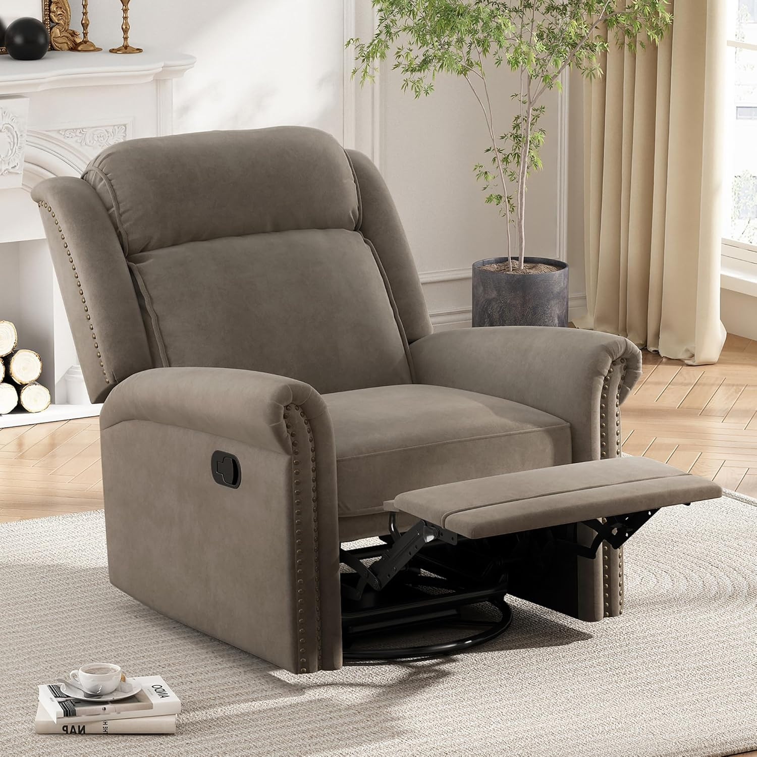 Light Brown Velvet Swivel Recliner with Adjustable Backrest & Nailhead Trim