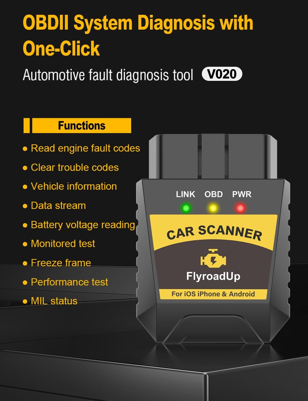 FlyroadUp OBD2 Scanner Bluetooth for iPhone iOS Android OBDII Diagnostic Scan...