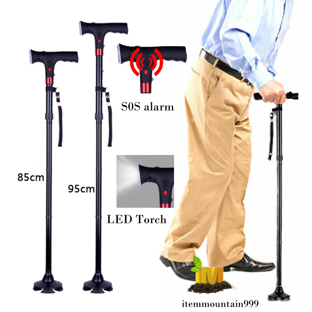 Elder Folding Walking Stick Walking Cane Height Adjustable Torch LED Light Alarm