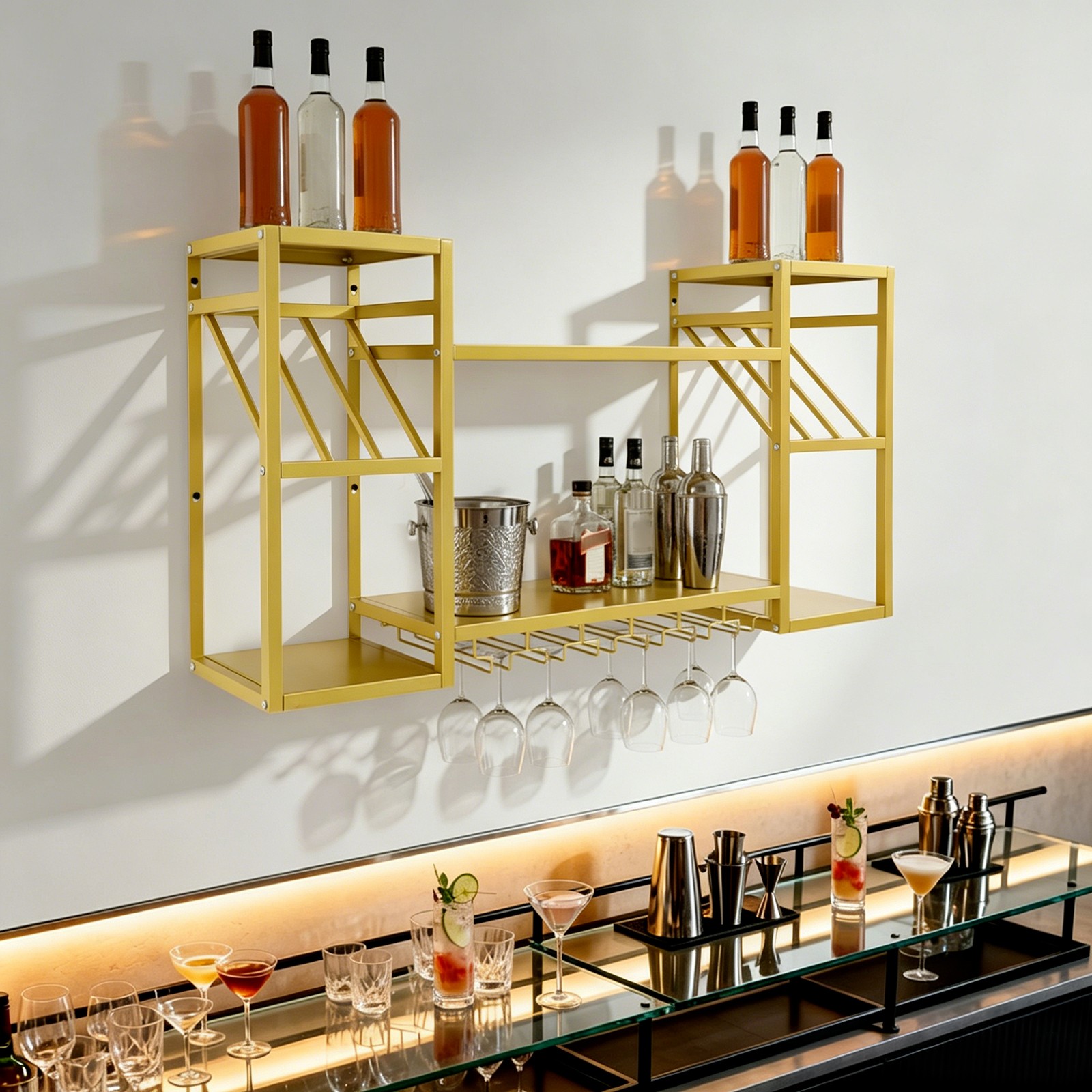 Wall-mounted Wine Rack, Metal Floating Bar Liquor Shelves, 2-Tier Metal