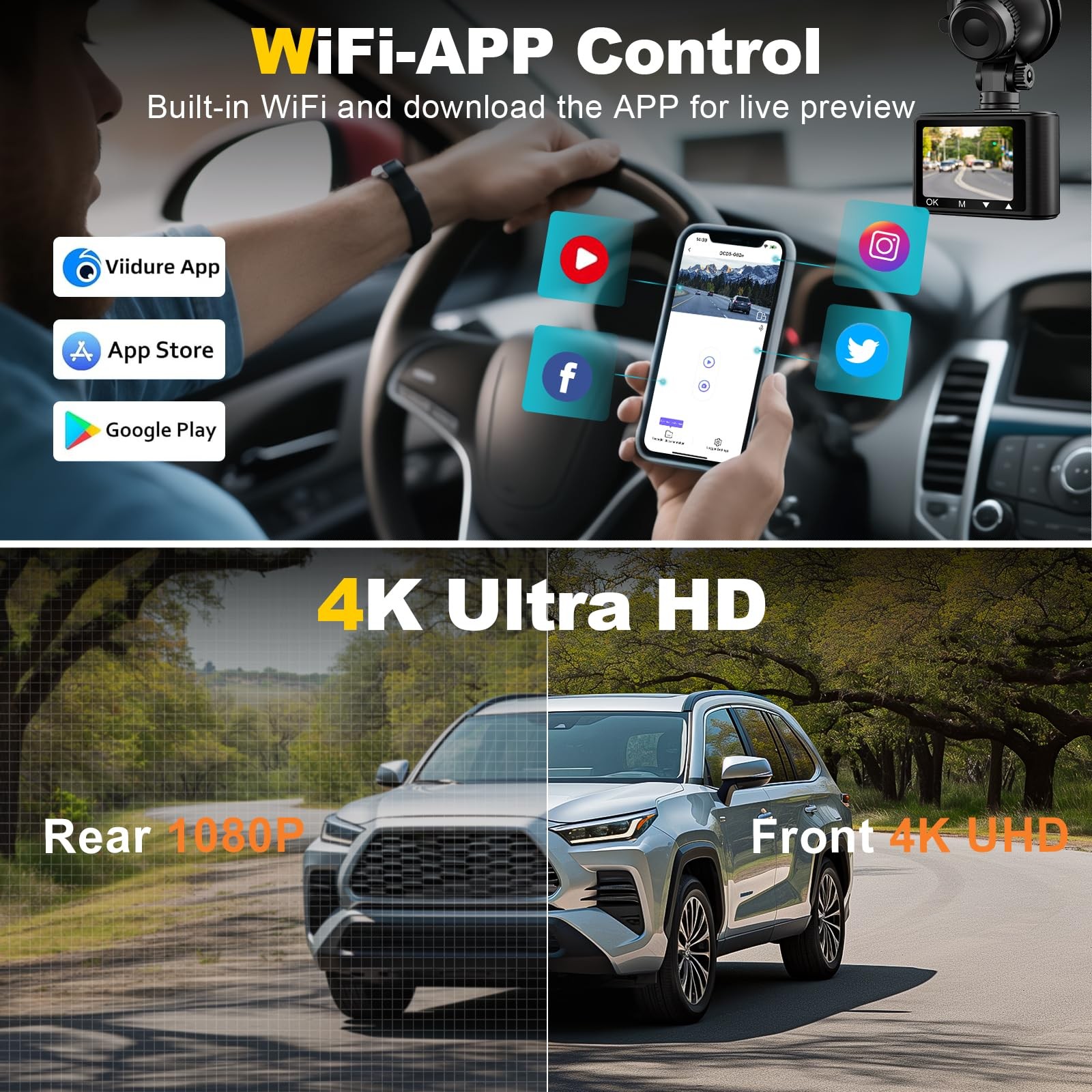 Dash Camera, 4K/1080p Dash Camera Front and Rear, Built-in 5GWiFi, Dash Cam w...