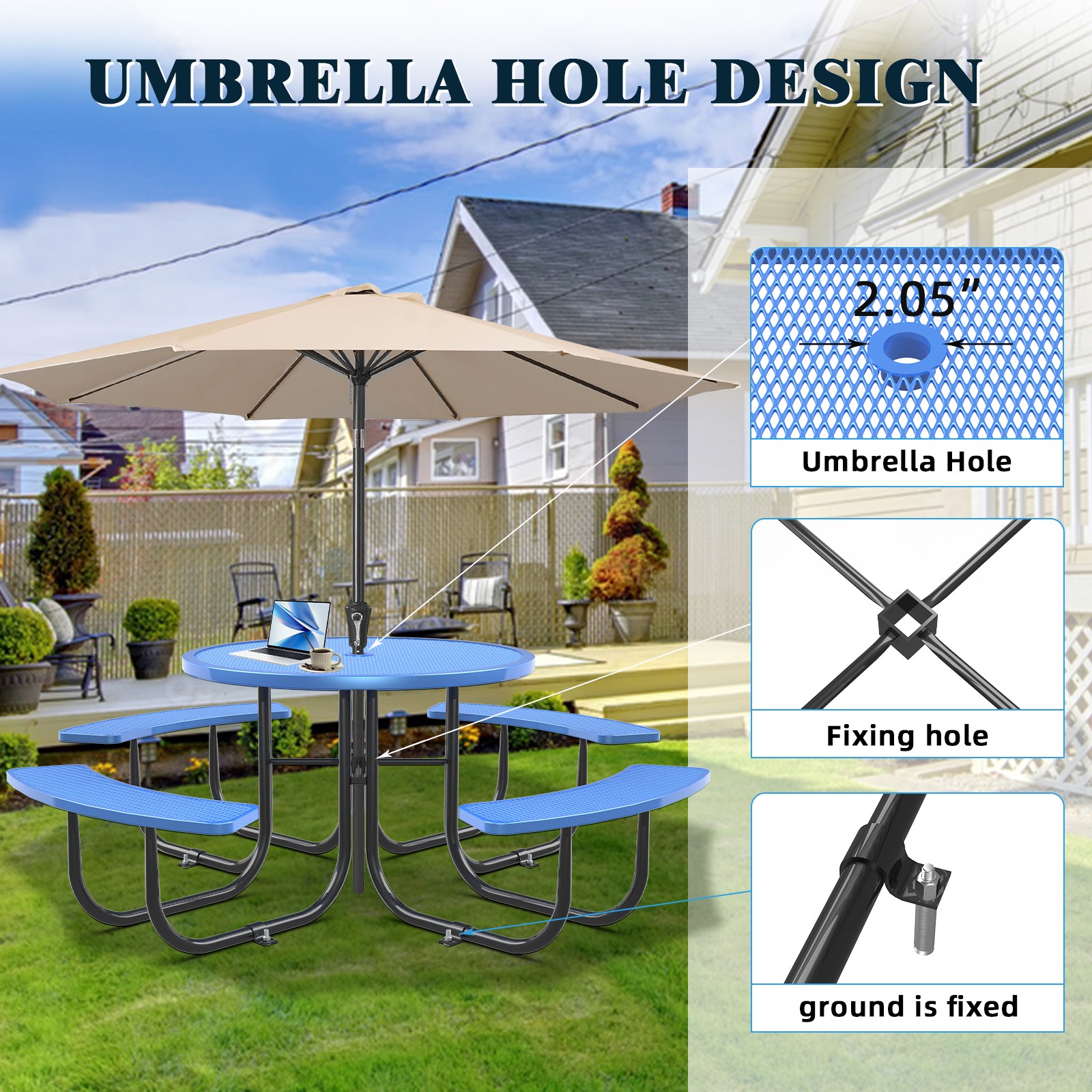 Blue Round Patio Table & Chair Set with Umbrella Hole