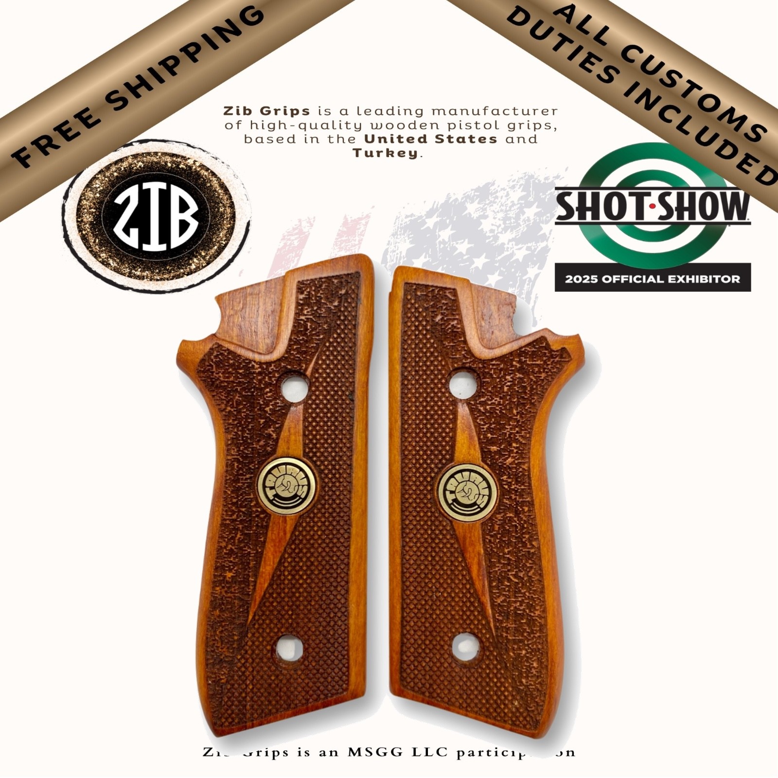 Zib Grips for Taurus PT92 99 100 101 Decocker Only Tobacco Color Beech Wood Logo