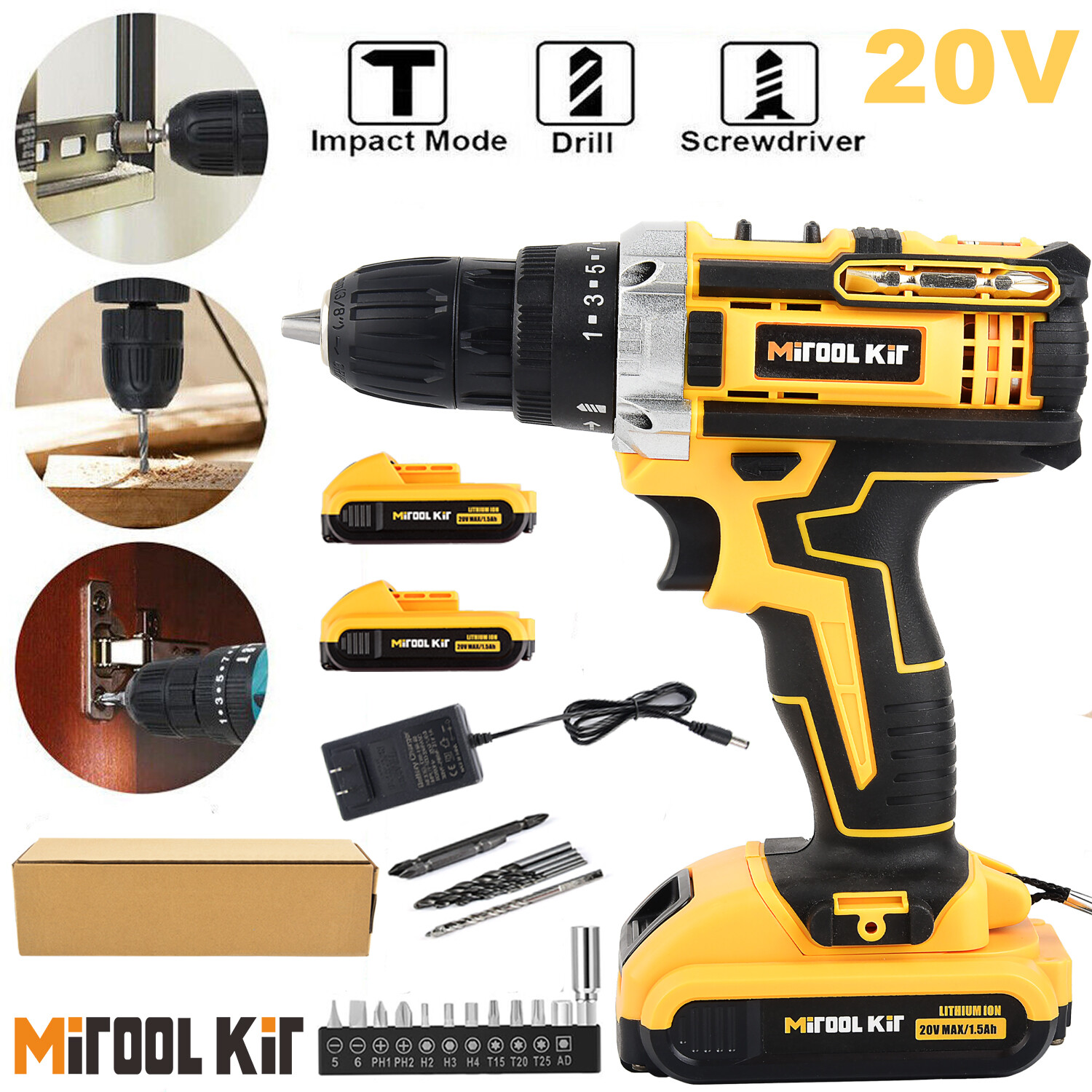Cordless Drill Kit 3/8inch with 2 Battery - Powerful & Lightweight for Home Use