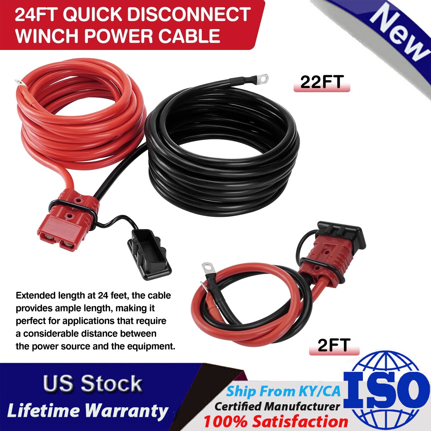 Upgrade 24 FT Quick Disconnect ,Winch Power Cable 2 Gauge 2 AWG Copper Wiring