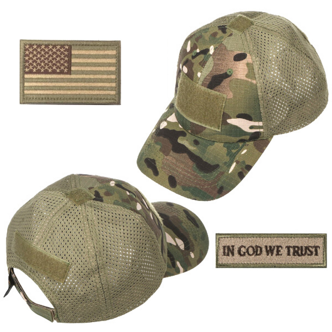 Mesh Tactical Cap Bundle with USA Flag Patches, Durable, Green Multicam Hat